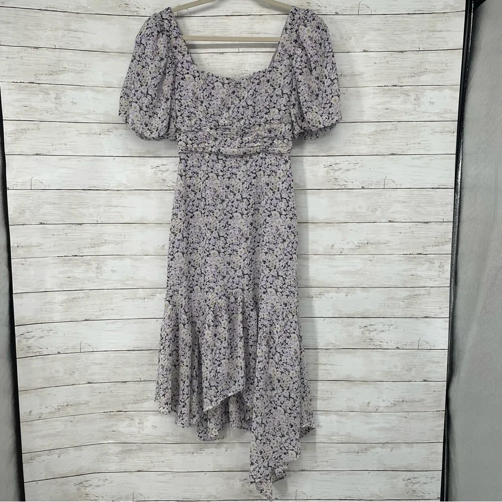 ASTR the label Micalela Floral Puff Sleeve Asymmetrical Midi Dress Size XS - Picture 5 of 16